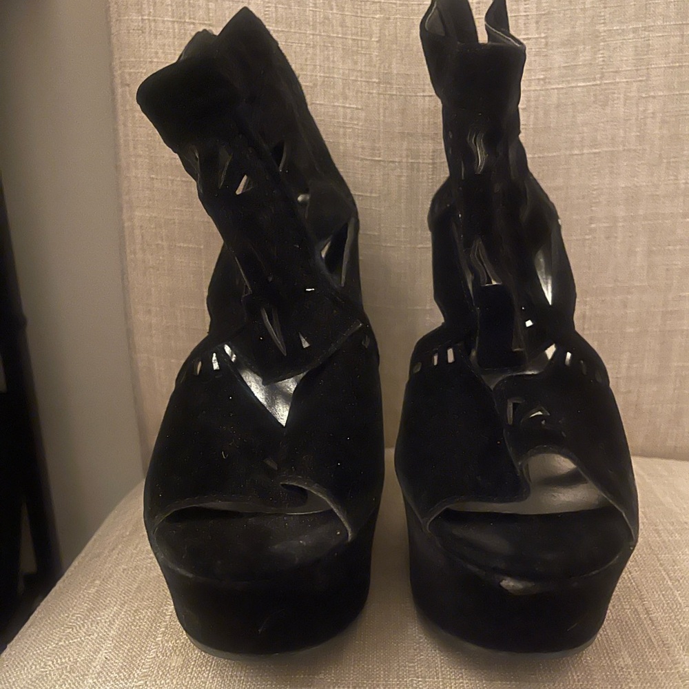 Black Suede high wedges fancy for any occasion Size 10